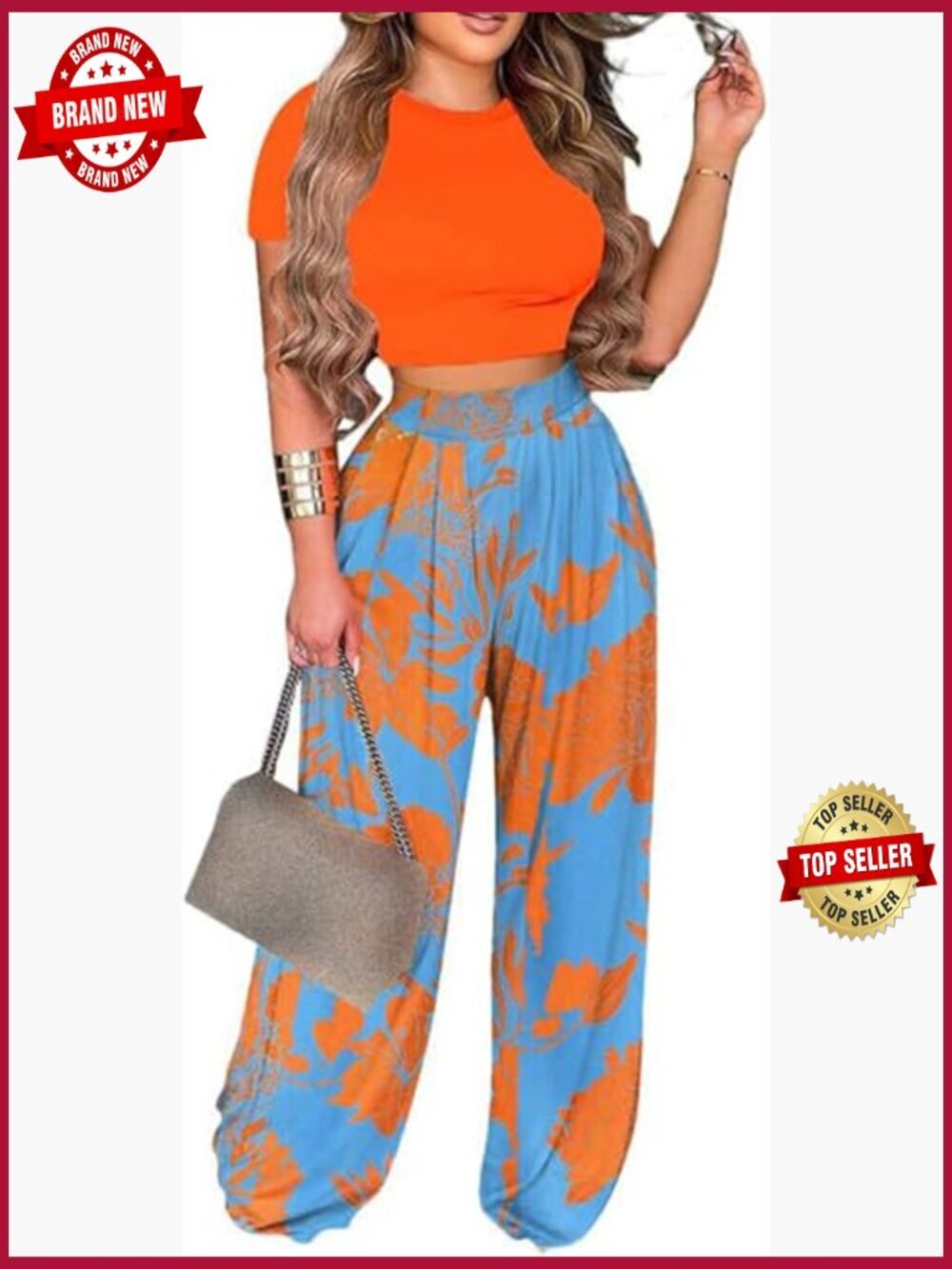 2 Piece Short Sleeve Crop Top Wide Leg Pant Set